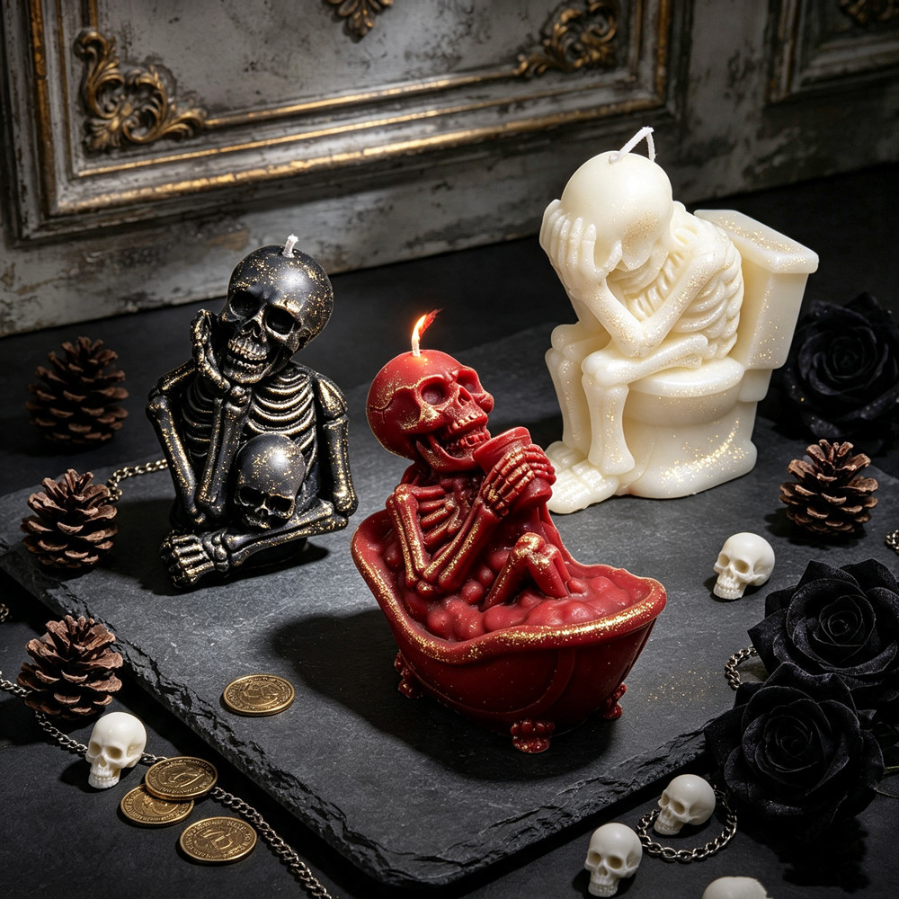 Soap Making Additives - แม่พิมพ์รูปทรงกะโหลก 3D สมจริง พร้อมรูปทรงโถสุขภัณฑ์และอ่างอาบน้ำ สำหรับทำเทียนหอมรูปทรงกะโหลก, ทำสบู่,