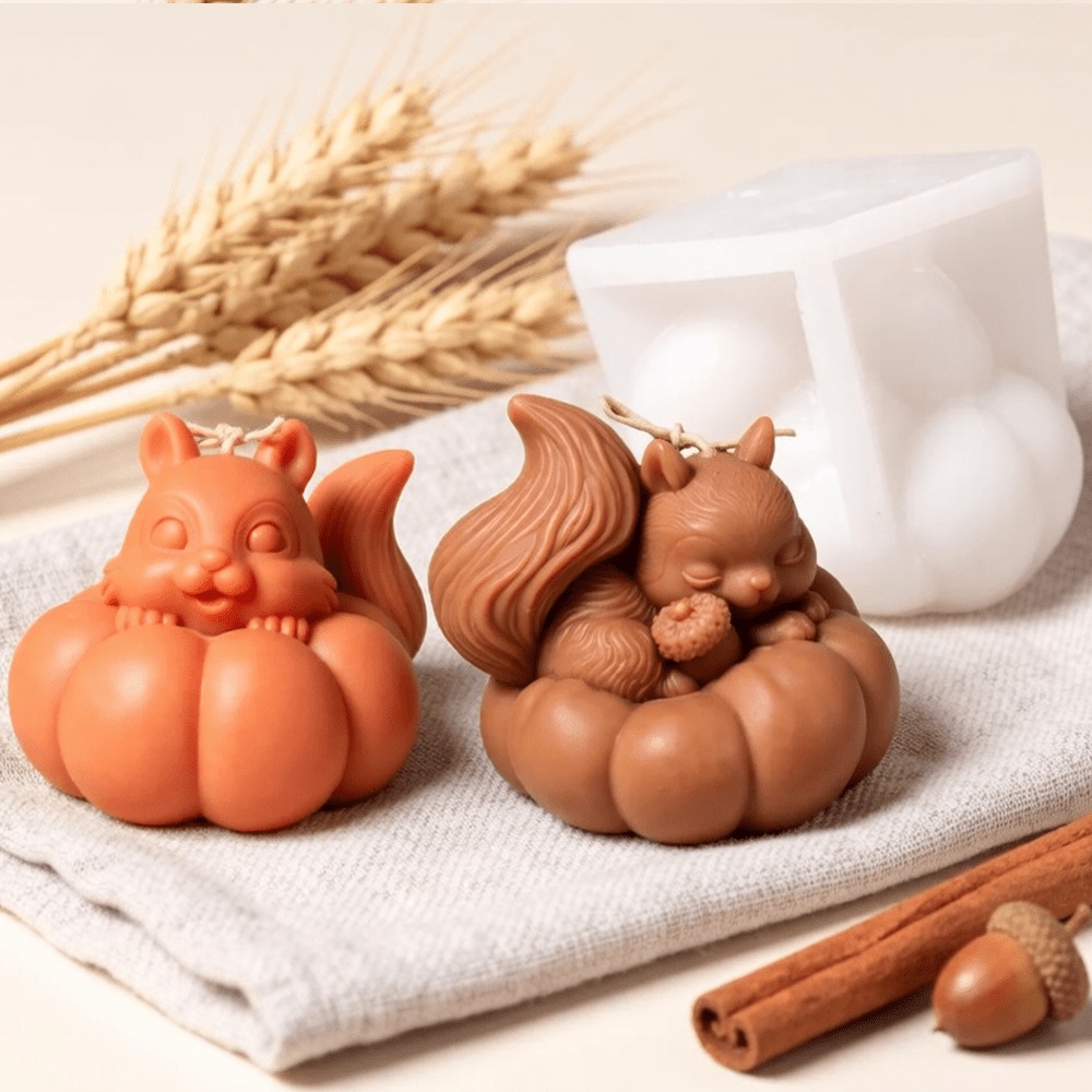 Soap Making Friend - แม่พิมพ์ซิลิโคนรูปกระรอกและฟักทองสำหรับทำเทียนหอม ปูนปลาสเตอร์ และสบู่ ตกแต่งฤดูใบไม้ร่วง ของขวัญวันขอบคุณพระเจ้า คริสต์มาส