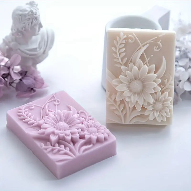 Soap Making Base - แม่พิมพ์สบู่ซิลิโคนรูปทรงสี่เหลี่ยมผืนผ้าลายดอกไม้ 3 มิติ แม่พิมพ์เทียนหอมทำมือ DIY แม่พิมพ์ทำสบู่ทำมือ